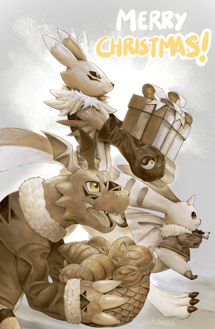 baltarbd, basket, body_fur, box, bread, digimon, digimon_(creature), digimon_tamers, dinosaur, food, fur-trimmed_jacket, fur_trim, gift, gift_box, guilmon, highres, holding, holding_basket, holding_gift, horns, jacket, kitsune, limited_palette, merry_christmas, renamon, single_horn, terriermon
