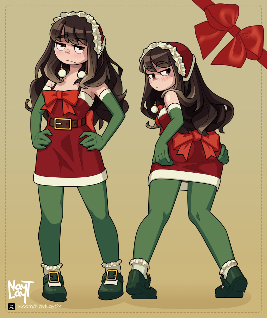 1girl, absurdres, artist_name, bow, bowtie, brown_background, brown_hair, brown_pantyhose, dress, elbow_gloves, frills, gloves, highres, iona_(nayt_layt), long_hair, looking_at_viewer, looking_back, multiple_views, nayt_layt, original, pantyhose, red_bow, red_bowtie, red_dress, santa_dress, shoes