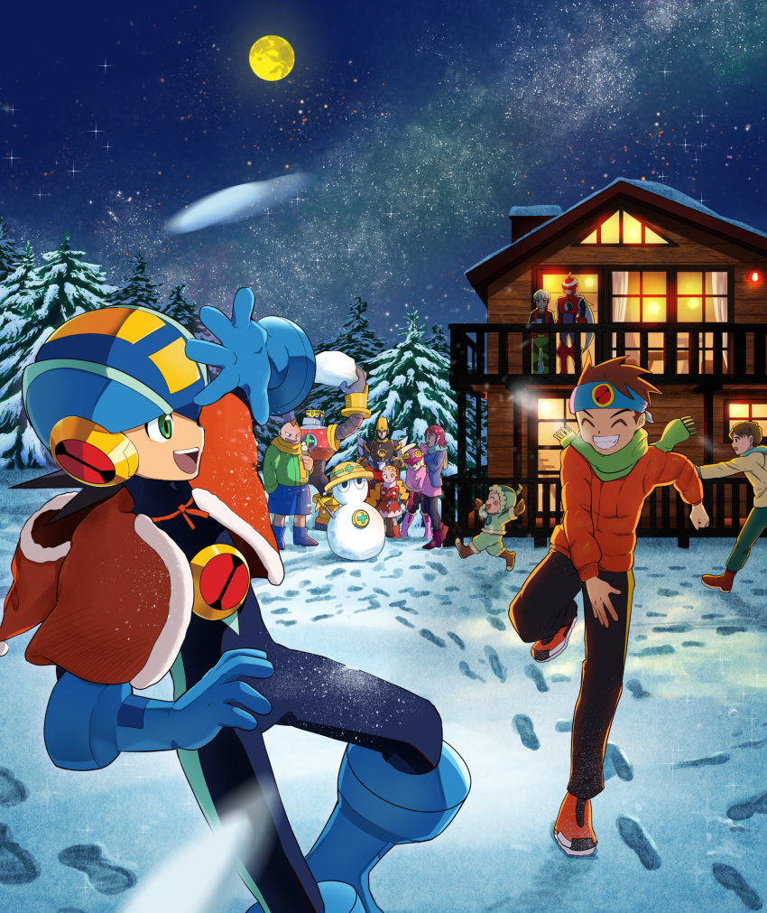 3girls, 6+boys, absurdres, blue_bodysuit, bodysuit, brown_hair, capelet, christmas, closed_eyes, dex_oyama_(mega_man), eugene_chaud_(mega_man), full_moon, glide.exe_(mega_man), glyde_(mega_man), green_eyes, group_picture, gutsman.exe, highres, house, iceman.exe, jacket, lan_hikari_(mega_man), mayl_sakurai_(mega_man), mega_man_(series), mega_man_battle_network_(series), megaman.exe, merry_christmas, met_(mega_man), moon, multiple_boys, multiple_girls, netnavi, night, orange_jacket, outdoors, poshino_pikari, protoman.exe, red_capelet, roll.exe_(mega_man), snow, snowball, snowball_fight, snowman, yai_ayanokoji_(mega_man)