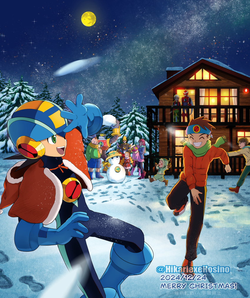 3girls, 6+boys, absurdres, blue_bodysuit, bodysuit, brown_hair, capelet, christmas, closed_eyes, dated, dex_oyama_(mega_man), eugene_chaud_(mega_man), full_moon, glide.exe_(mega_man), glyde_(mega_man), green_eyes, group_picture, gutsman.exe, highres, house, iceman.exe, jacket, lan_hikari_(mega_man), mayl_sakurai_(mega_man), mega_man_(series), mega_man_battle_network_(series), megaman.exe, merry_christmas, met_(mega_man), moon, multiple_boys, multiple_girls, netnavi, night, orange_jacket, outdoors, poshino_pikari, protoman.exe, red_capelet, roll.exe_(mega_man), snow, snowball, snowball_fight, snowman, twitter_username, watermark, yai_ayanokoji_(mega_man)