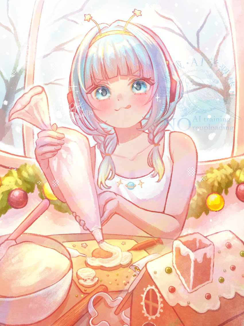 1girl, absurdres, artist_name, baking, bare_shoulders, bare_tree, blue_eyes, blue_hair