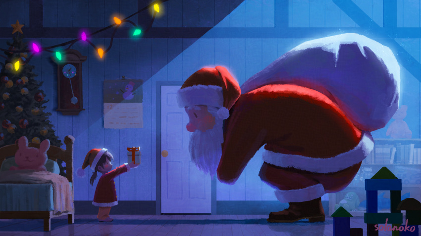 1boy, 1girl, beard, bed, child, christmas, christmas_lights, christmas_tree