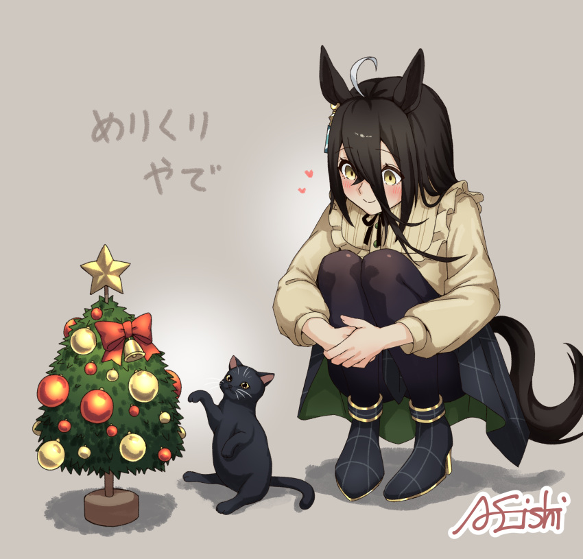 1girl, a4_(a4_eishi), absurdres, ahoge, animal_ears, black_cat, black_hair, black_pantyhose