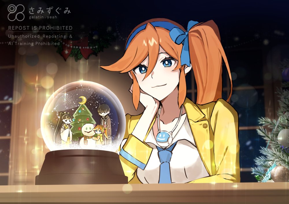 1girl, ace_attorney, athena_cykes, blue_bow, blue_eyes, blue_necktie, bow, closed_mouth