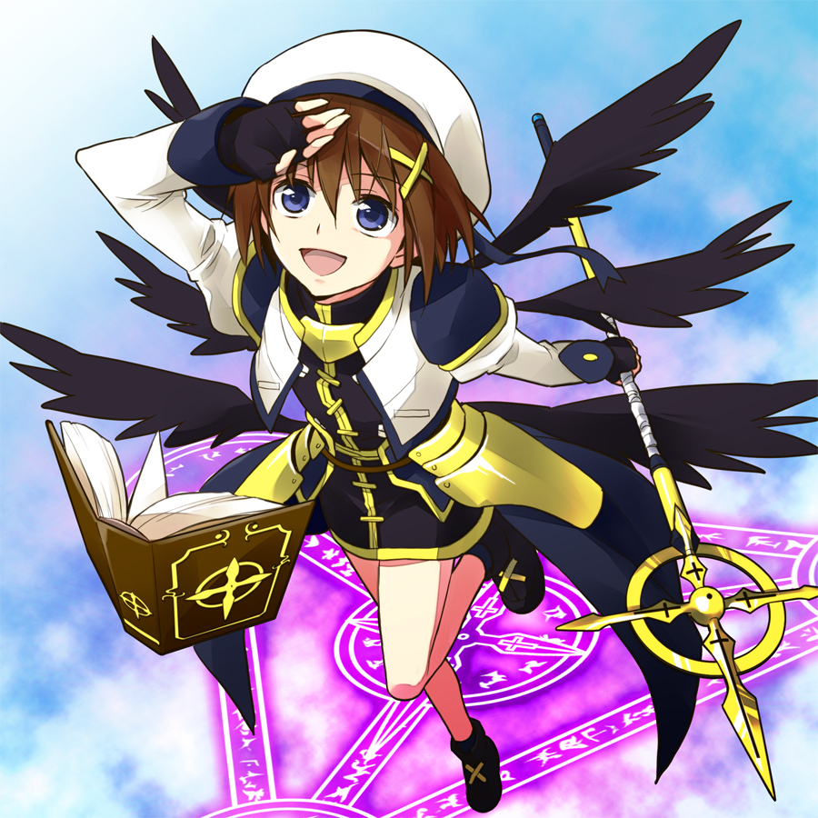 book, brown_hair, dorei_k, gloves, lyrical_nanoha, magic_circle, mahou_shoujo_lyrical_nanoha, mahou_shoujo_lyrical_nanoha_a's, mahou_shoujo_lyrical_nanoha_a's, schwertkreuz, short_hair, tome_of_the_night_sky, wings, yagami_hayate