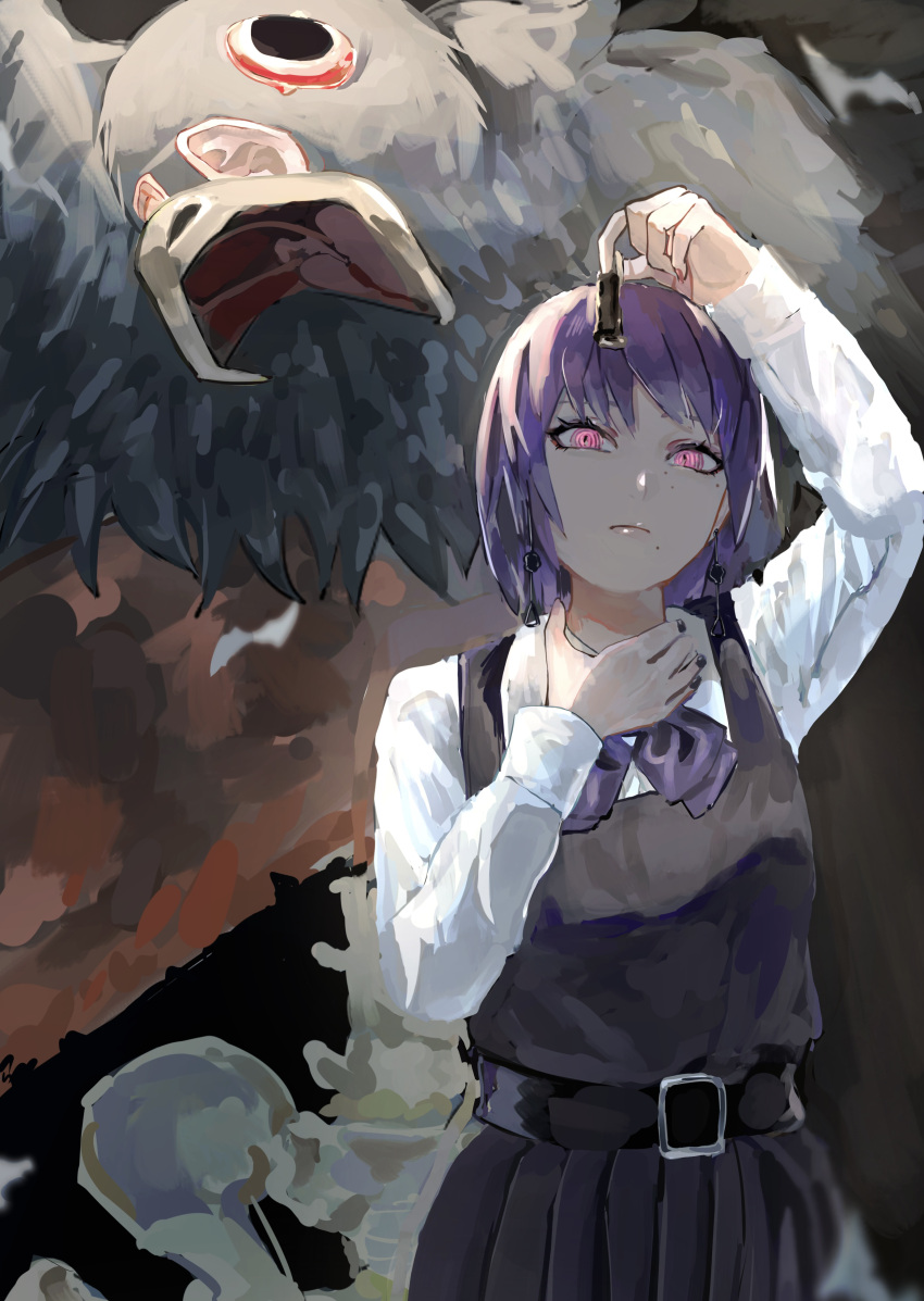 1girl, absurdres, black_dress, bow, chainsaw_man, collared_shirt, commentary_request, dress