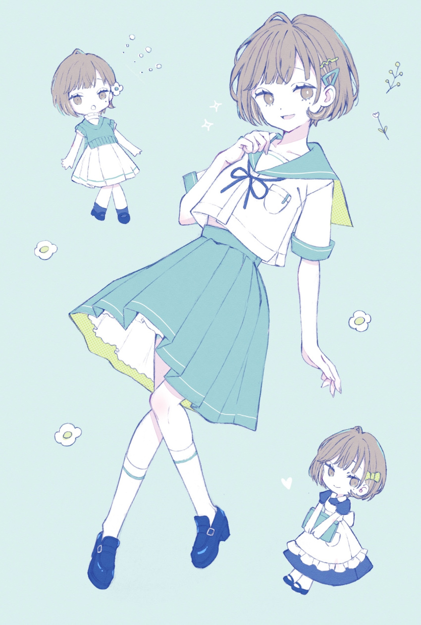 1girl, :d, :o, akiyu, apron, blue_background, blue_dress, blue_ribbon, blue_sailor_collar, blue_skirt, blue_sweater, bow, breast_pocket, bright_pupils, brown_eyes, brown_hair, chibi, closed_mouth, collarbone, commentary_request, dress, flower, frilled_apron, frills, full_body, green_bow, hair_bow, hair_flower, hair_ornament, hairclip, hand_up, heart, highres, looking_at_viewer, maid, maid_apron, medium_skirt, mole, mole_under_eye, neck_ribbon, open_mouth, original, pale_color, pleated_skirt, pocket, ribbon, sailor_collar, school_uniform, short_hair, short_sleeves, skirt, smile, socks, sweater, white_flower, white_pupils, white_skirt, white_socks