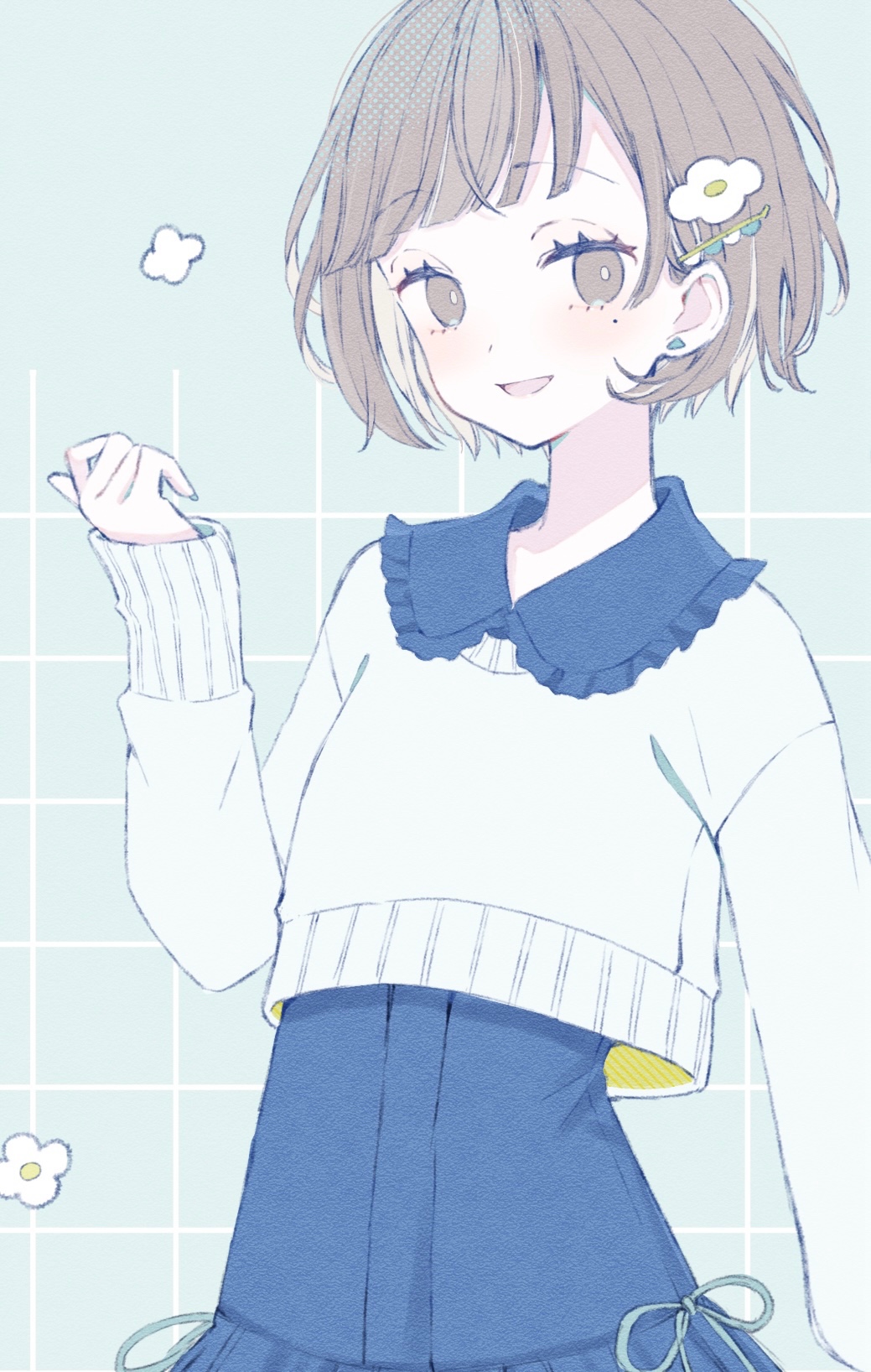 1girl, :d, akiyu, aqua_ribbon, blue_sweater, bright_pupils, brown_eyes, brown_hair, commentary_request, flower, hair_flower, hair_ornament, hairclip, hand_up, highres, long_sleeves, looking_at_viewer, mole, mole_under_eye, open_mouth, original, ribbon, short_hair, smile, solo, sweater, upper_body, white_flower, white_pupils