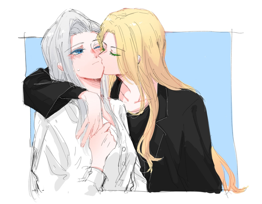 2girls, arm_around_neck, black_jacket, black_skirt, blonde_hair, blue_background, blue_eyes, blush