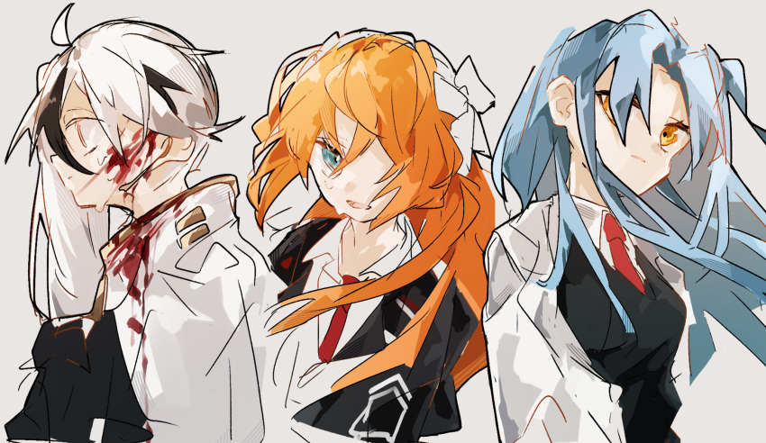 1boy, 2girls, ahoge, angela_(project_moon), aqua_eyes, black_jacket, black_vest, blood