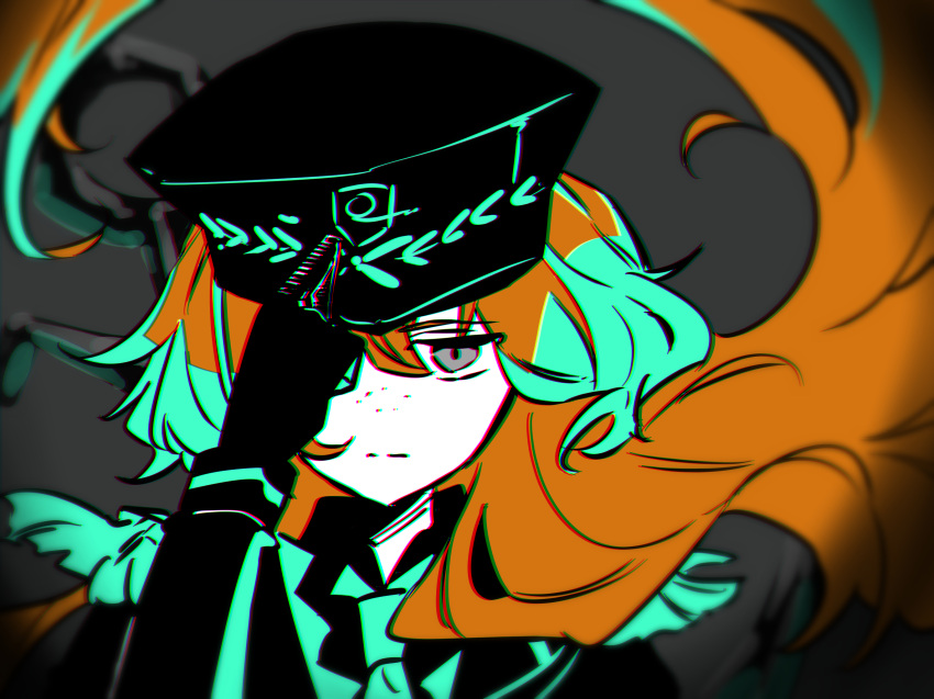 1girl, aqua_hair, aqua_necktie, blind_obsession_(e.g.o), blurry_edges, chromatic_aberration, collared_shirt, e.g.o_(project_moon)