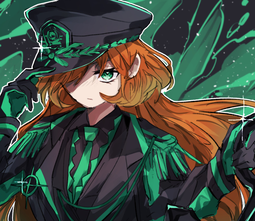 1girl, aiguillette, blind_obsession_(e.g.o), collared_shirt, e.g.o_(project_moon), epaulettes, gloves, green_background