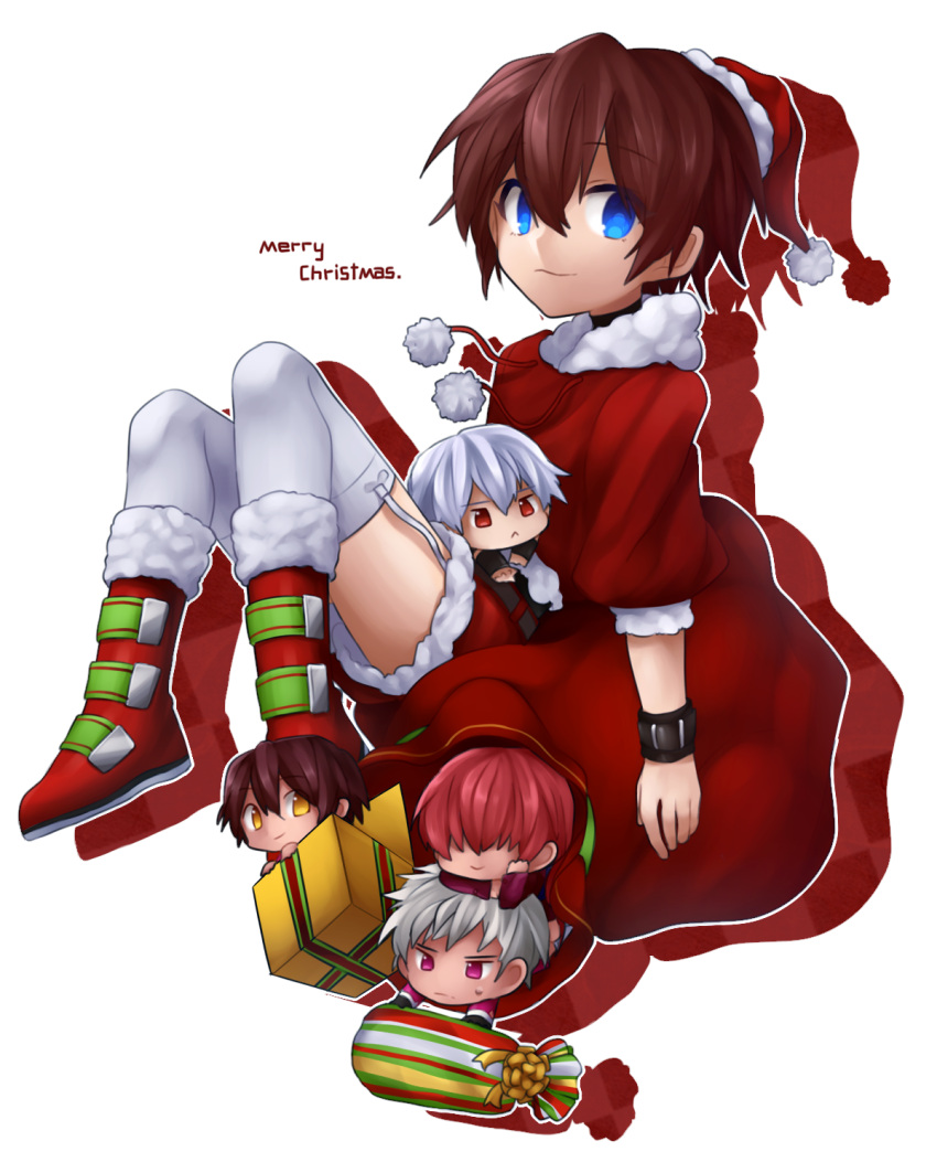 1girl, 4boys, :<, blue_eyes, brown_hair, chibi, chris_(kof), christmas