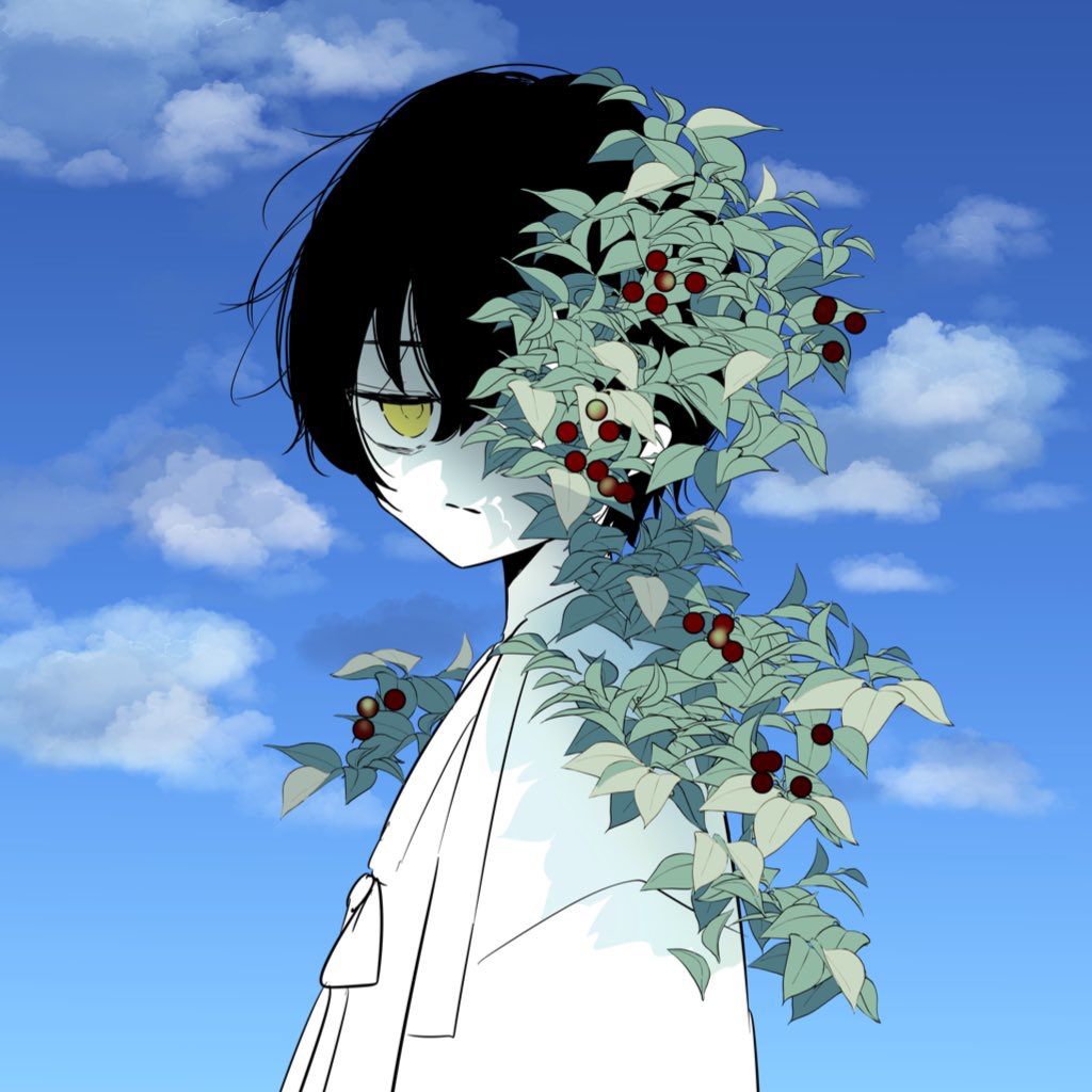 1boy, black_hair, blue_background, blue_sky, clouds, cloudy_sky, food, from_side