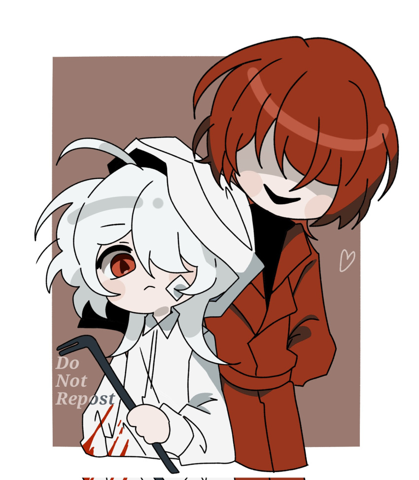 1boy, 1girl, blood, blood_on_clothes, brown_background, coat, commentary, crowbar