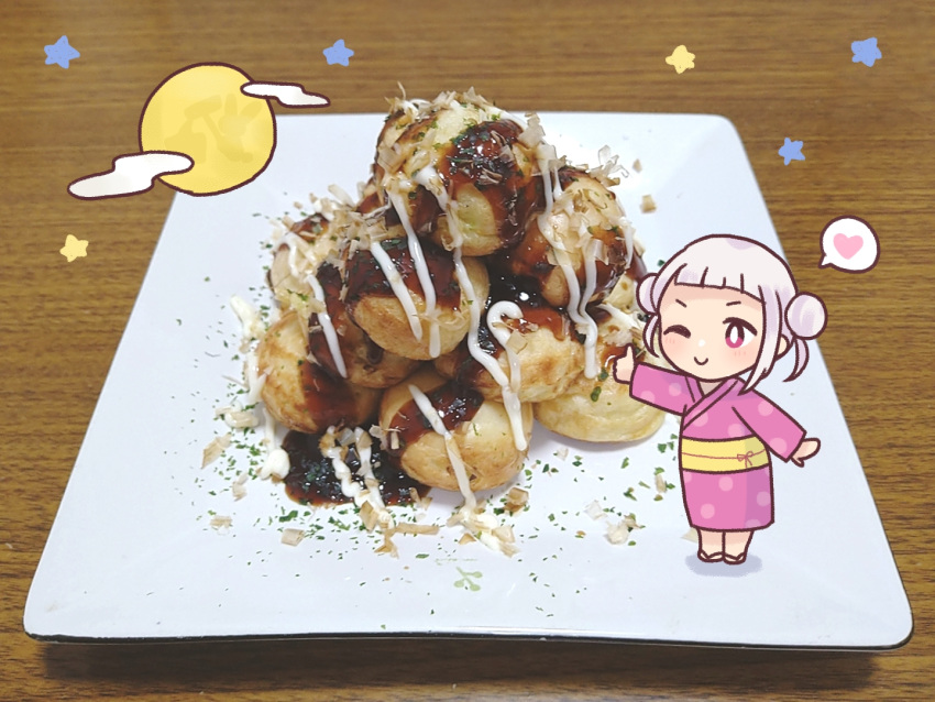 1girl, arashi_chisato, blush, bonito_flakes, c:, chibi, commentary_request, double_bun