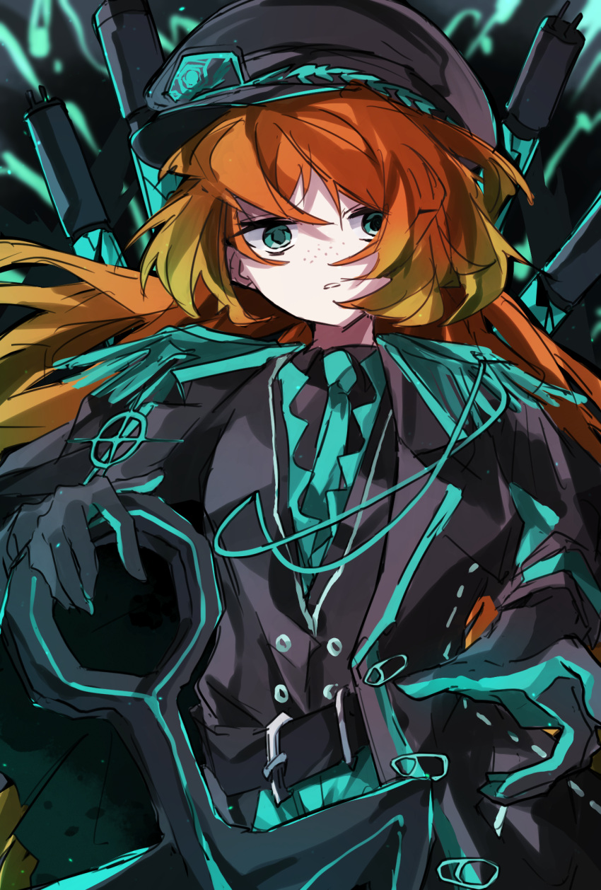 1girl, aiguillette, anchor, aqua_eyes, aqua_necktie, belt, black_belt, black_jacket, black_vest, blind_obsession_(e.g.o), e.g.o_(project_moon), epaulettes, freckles, gloves, hat, highres, ishmael_(project_moon), jacket, lapels, limbus_company, minasemochii, necktie, orange_hair, peaked_cap, project_moon, solo, upper_body, vest