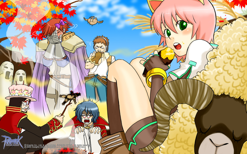 1girl, 4boys, animal_ears, armor, autumn, autumn_leaves, belt, black_coat