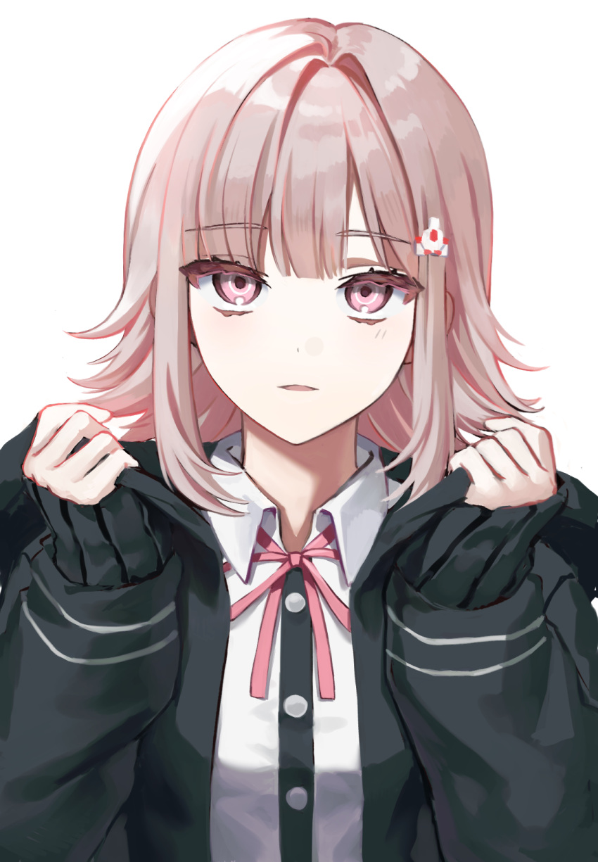 1girl, brown_hair, collared_shirt, danganronpa_(series), danganronpa_2:_goodbye_despair, flipped_hair, hair_ornament, hands_up