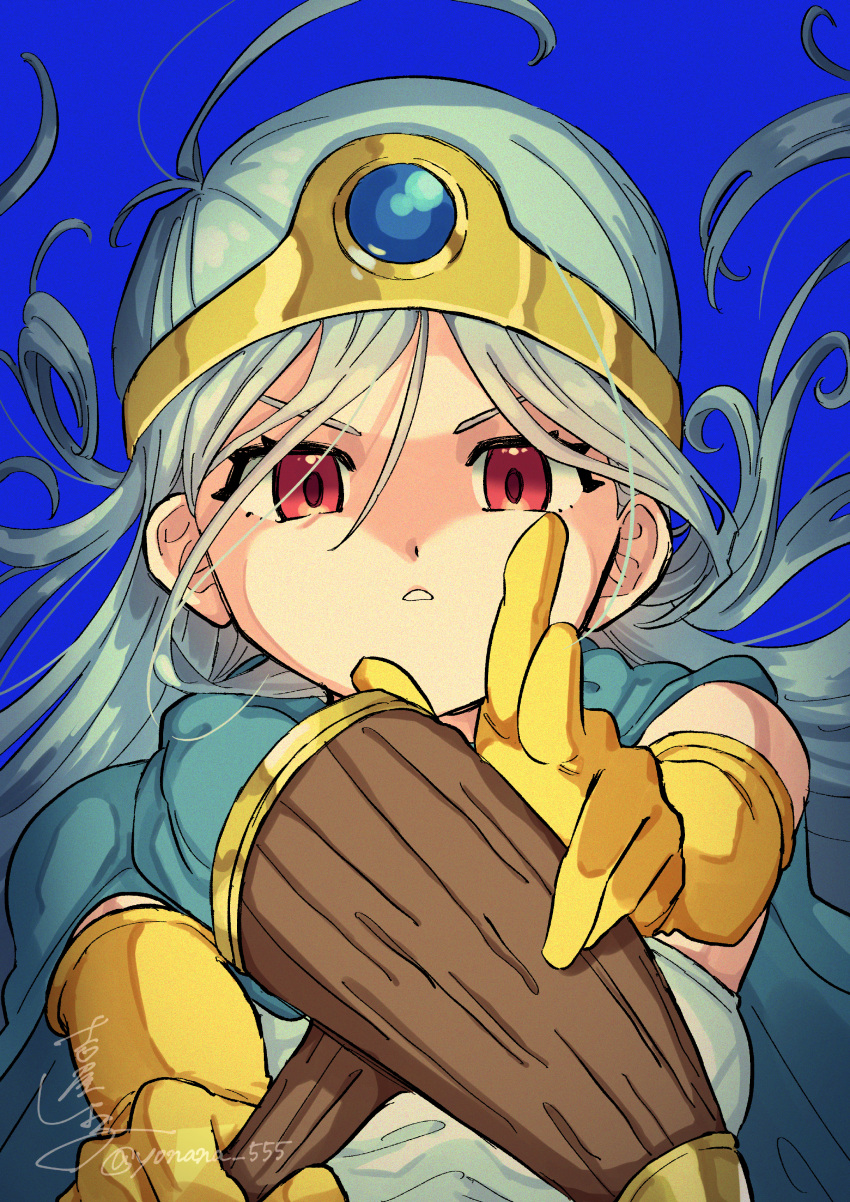 1girl, absurdres, aqua_cape, blue_background, blue_gemstone, blue_hair, cape, circlet