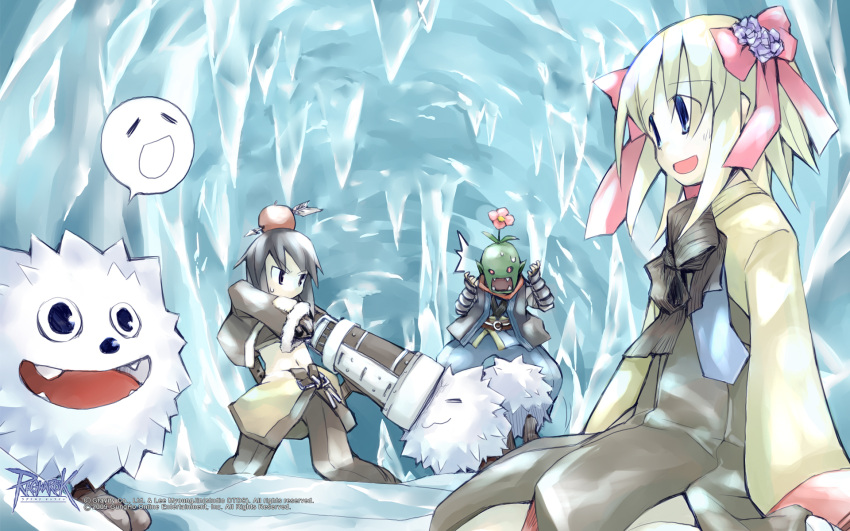 1boy, 2girls, :3, :d, apple_on_head, arm_wrap, arrow_through_apple, baggy_pants