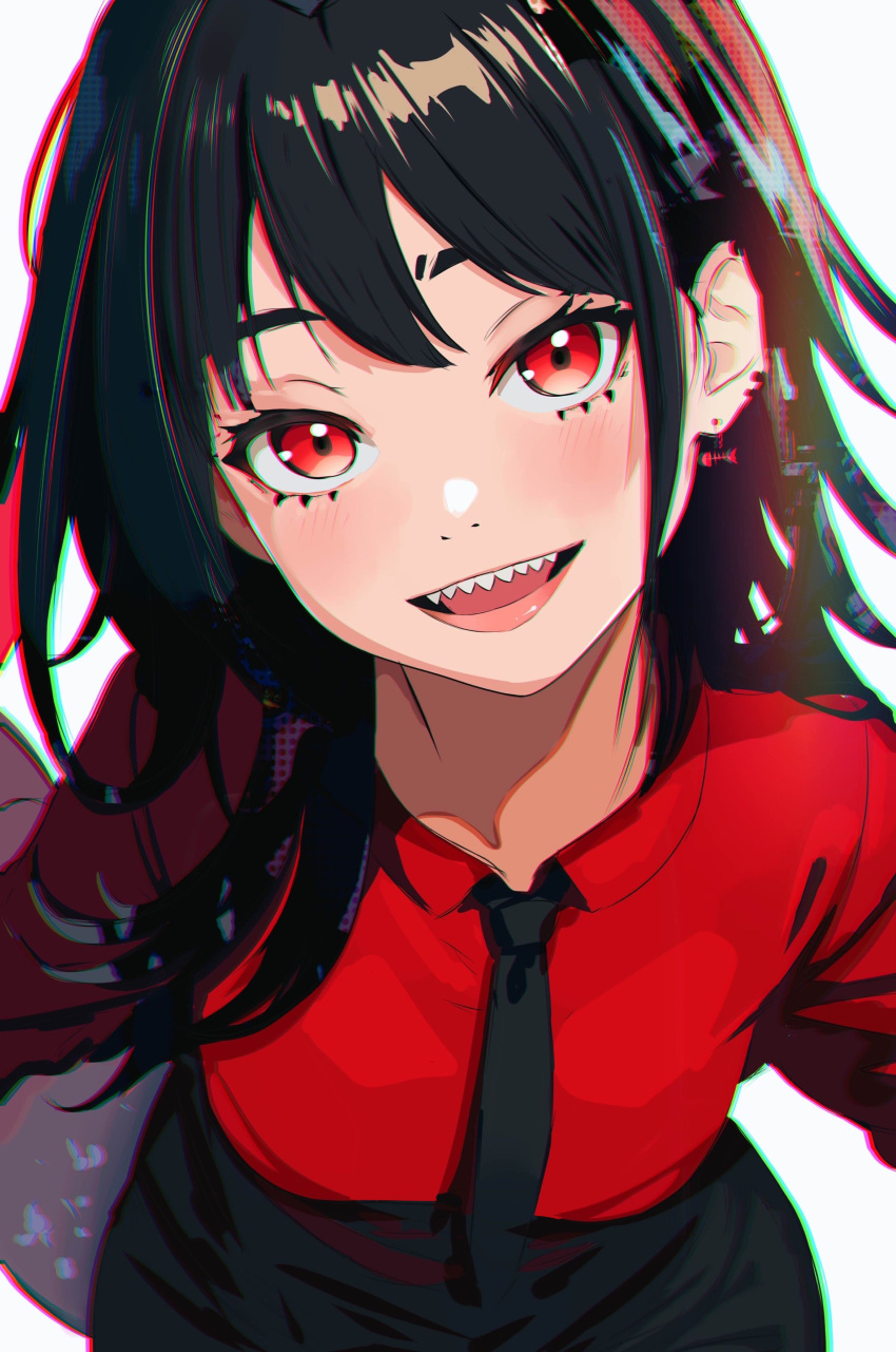 1girl, absurdres, akami_chiyo, black_hair, black_necktie, black_pants, black_tail, chromatic_aberration, collared_shirt, ear_piercing, earrings, fins, fish_tail, highres, indie_virtual_youtuber, jewelry, light_blush, long_hair, looking_at_viewer, necktie, pants, piercing, plunplun, red_eyes, red_shirt, redhead, sharp_teeth, shirt, solo, tail, teeth, virtual_youtuber, wing_collar