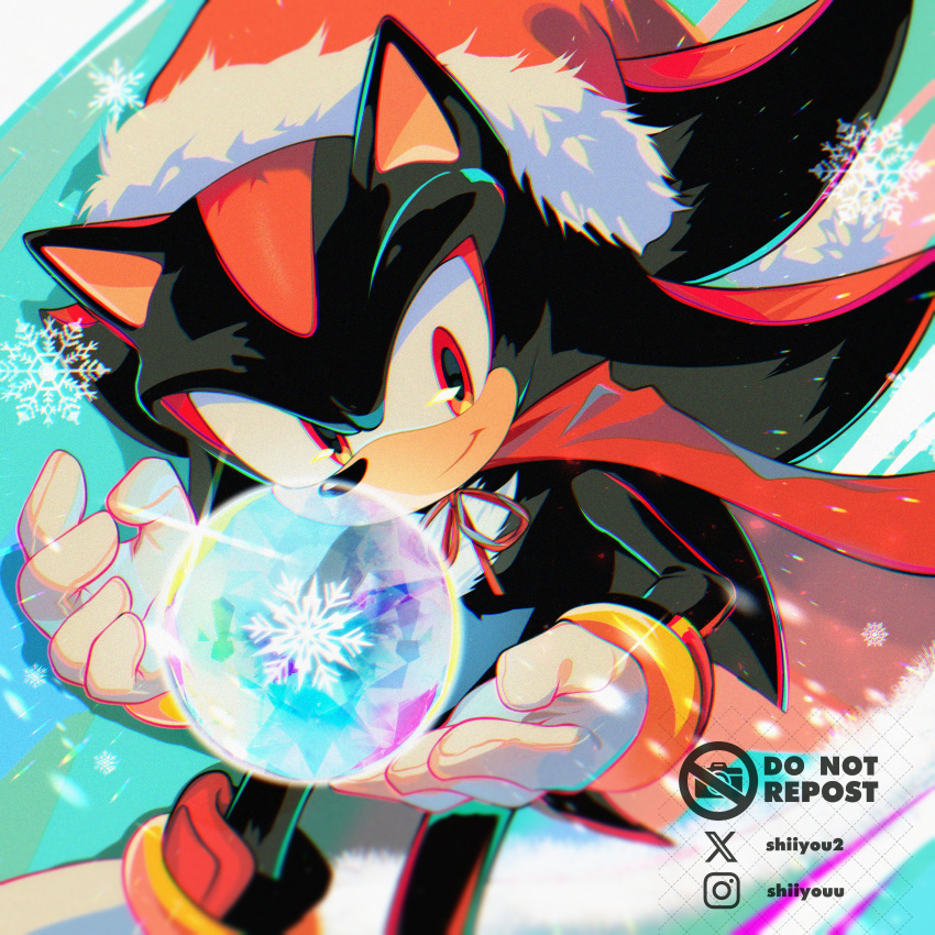 1boy, absurdres, artist_name, black_fur, bracelet, cape, christmas, chromatic_aberration, closed_mouth, commentary, feet_out_of_frame, film_grain, fur-trimmed_headwear, fur_trim, furry, furry_male, glint, gloves, hat, hedgehog_boy, highres, instagram_logo, instagram_username, jewelry, looking_at_viewer, male_focus, red_cape, red_eyes, red_fur, red_hat, santa_hat, shadow_the_hedgehog, shiiyou, shoes, smile, snowflakes, solo, sonic_(series), symbol-only_commentary, twitter_username, twitter_x_logo, two-tone_fur, white_footwear, white_gloves