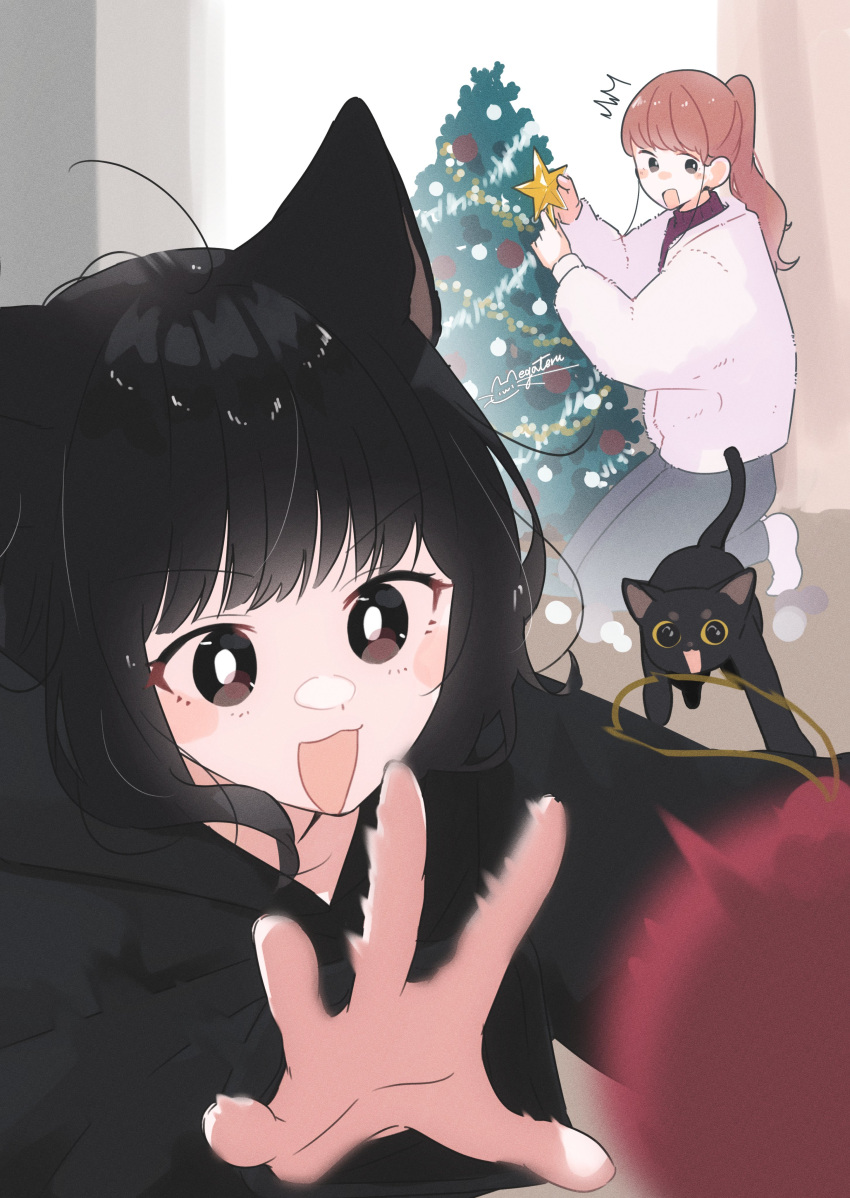 2girls, :3, :d, absurdres, animal_ears, black_cat, black_eyes, black_hair
