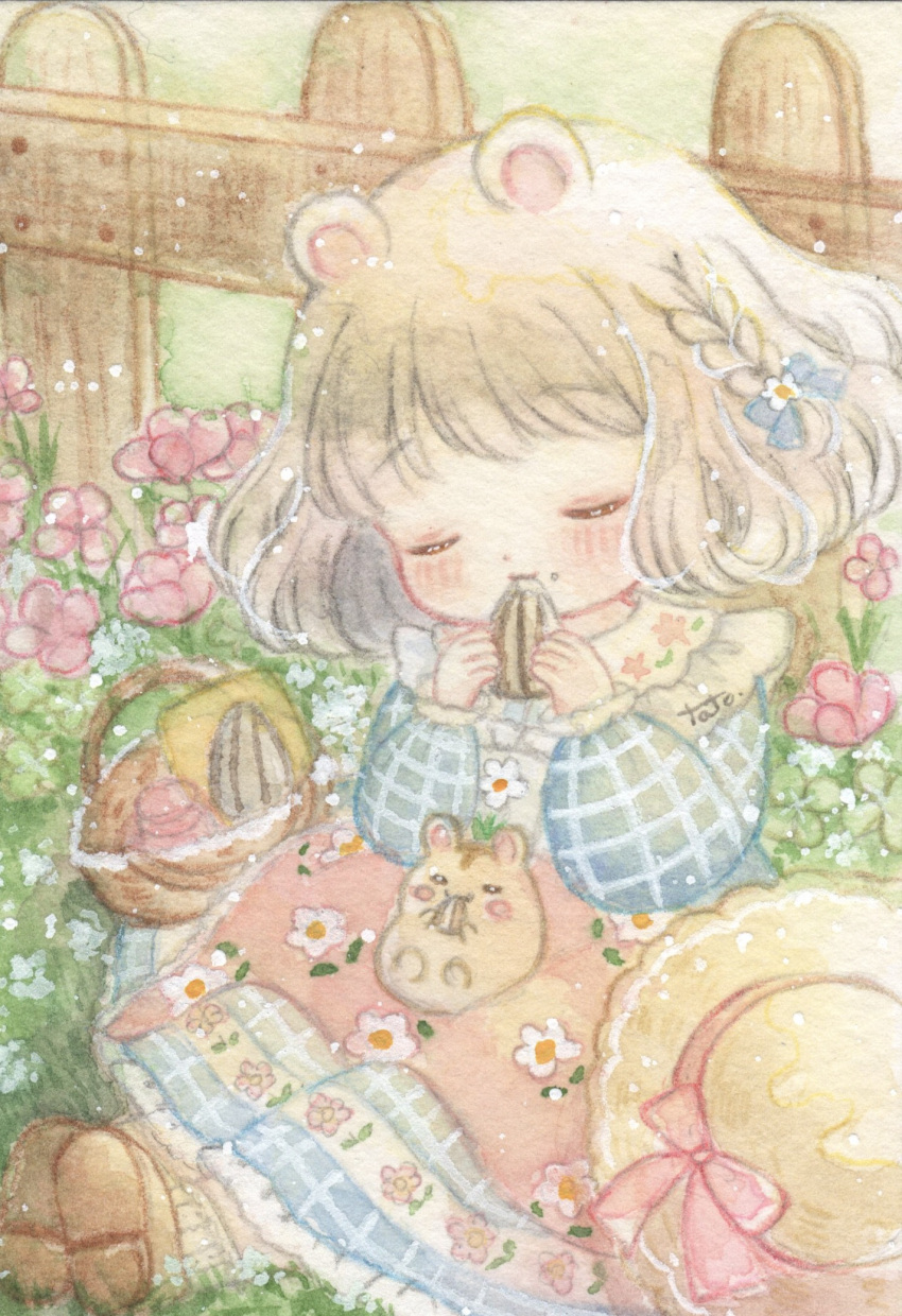 1girl, animal, animal_ears, basket, brown_hair, closed_eyes, dress, eating