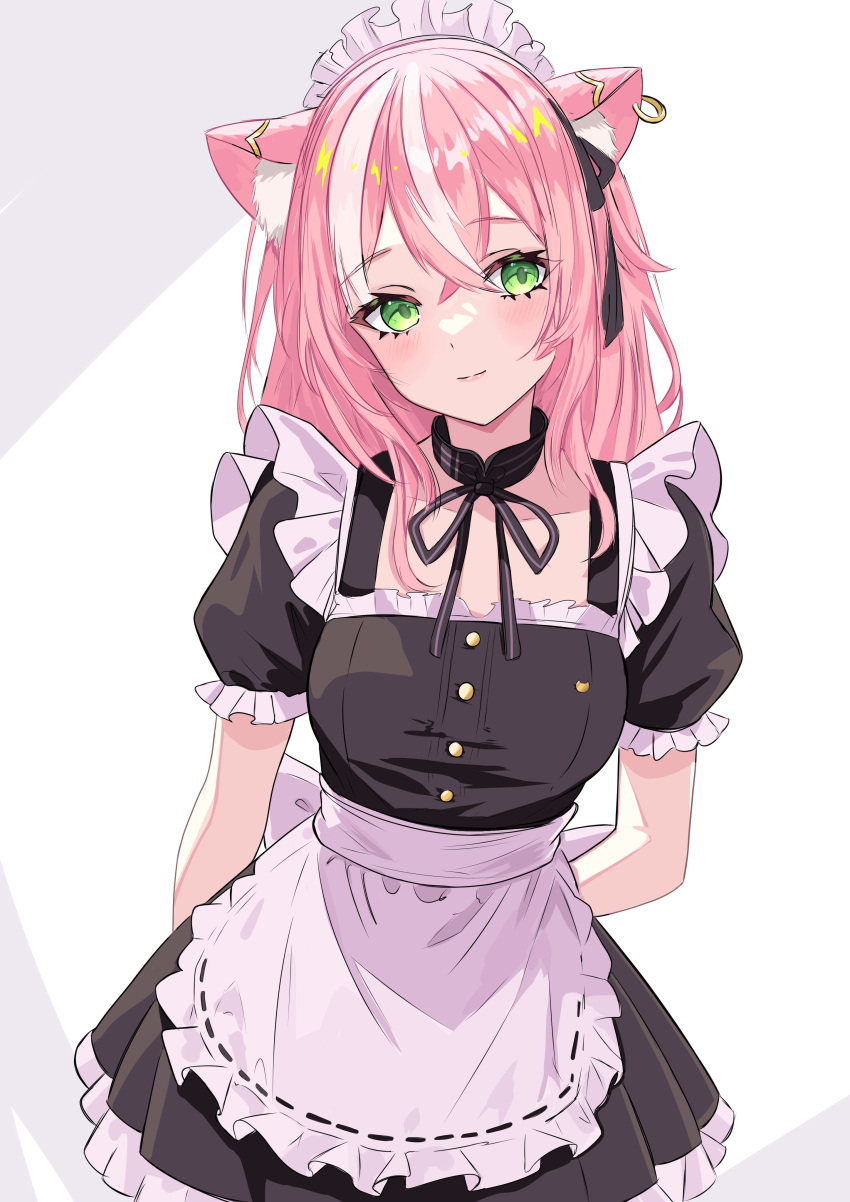 1girl, absurdres, alternate_costume, animal_ear_fluff, animal_ear_piercing, animal_ears, apron, back_bow, black_collar, black_dress, black_ribbon, blush, bow, cat_ears, collar, cowboy_shot, crossed_bangs, detached_collar, dress, enmaided, enya_yoruneko, frilled_apron, frilled_dress, frilled_sleeves, frills, green_eyes, hair_between_eyes, hair_ribbon, head_tilt, highres, indie_virtual_youtuber, long_hair, looking_at_viewer, maid, maid_headdress, multicolored_hair, neck_ribbon, plunplun, puffy_short_sleeves, puffy_sleeves, ribbon, short_sleeves, simple_background, solo, standing, streaked_hair, virtual_youtuber, waist_apron, white_apron, white_background, white_bow, white_hair