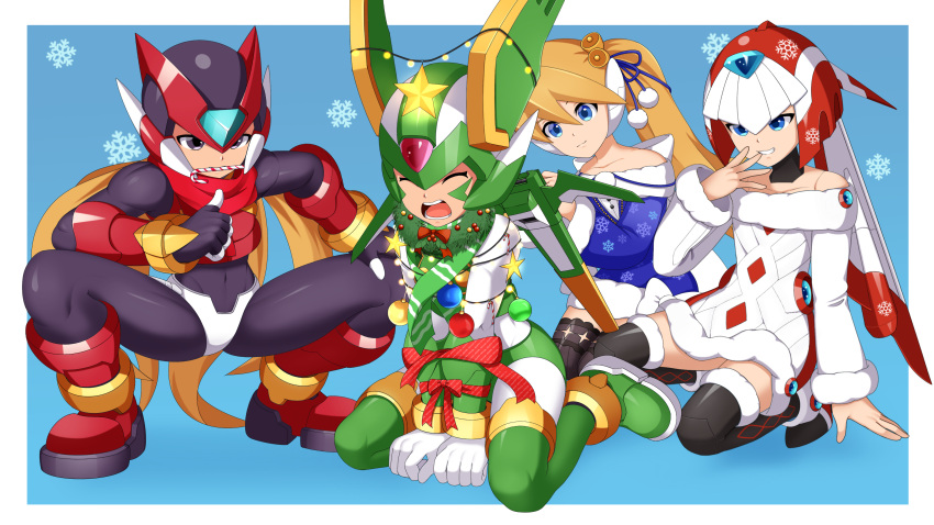 2boys, 2girls, absurdres, armor, bare_shoulders, black_eyes, blonde_hair, blue_background