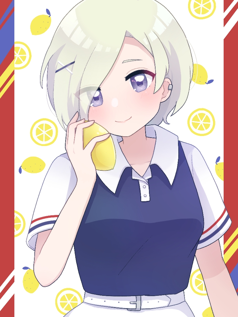 1girl, belt, blue_shirt, blush, breasts, closed_mouth, collarbone, collared_shirt