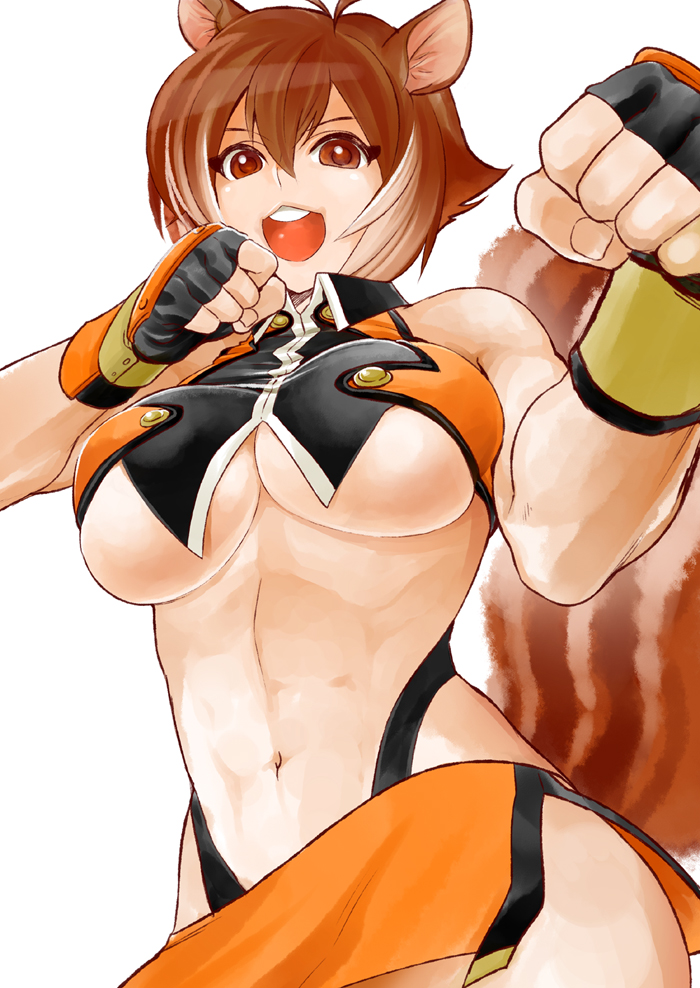 blazblue, breasts, brown_eyes, brown_hair, fingerless_gloves, gloves, makoto_nanaya, navel