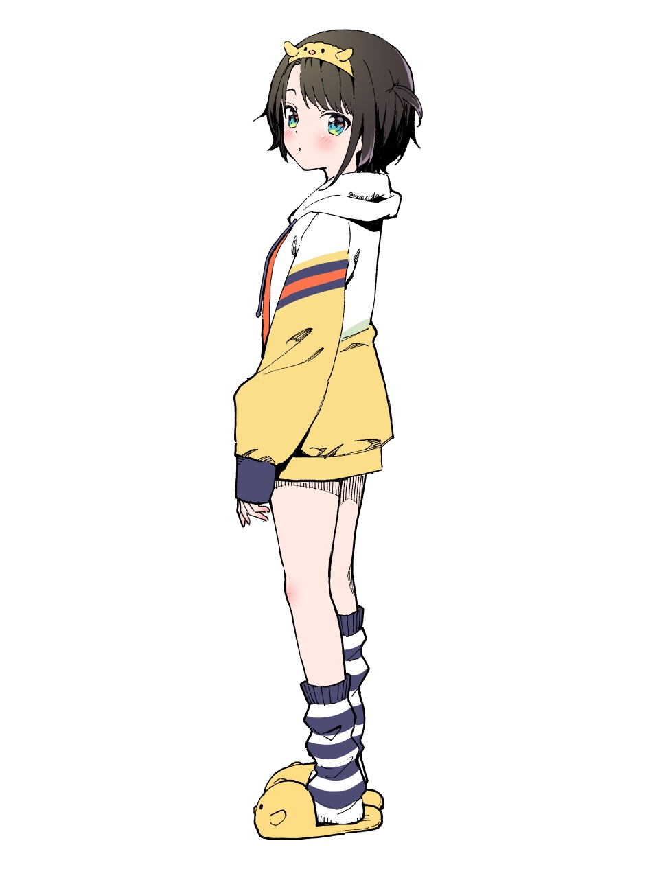1girl, aqua_eyes, black_hair, blush, commentary_request, from_side, full_body, hairband