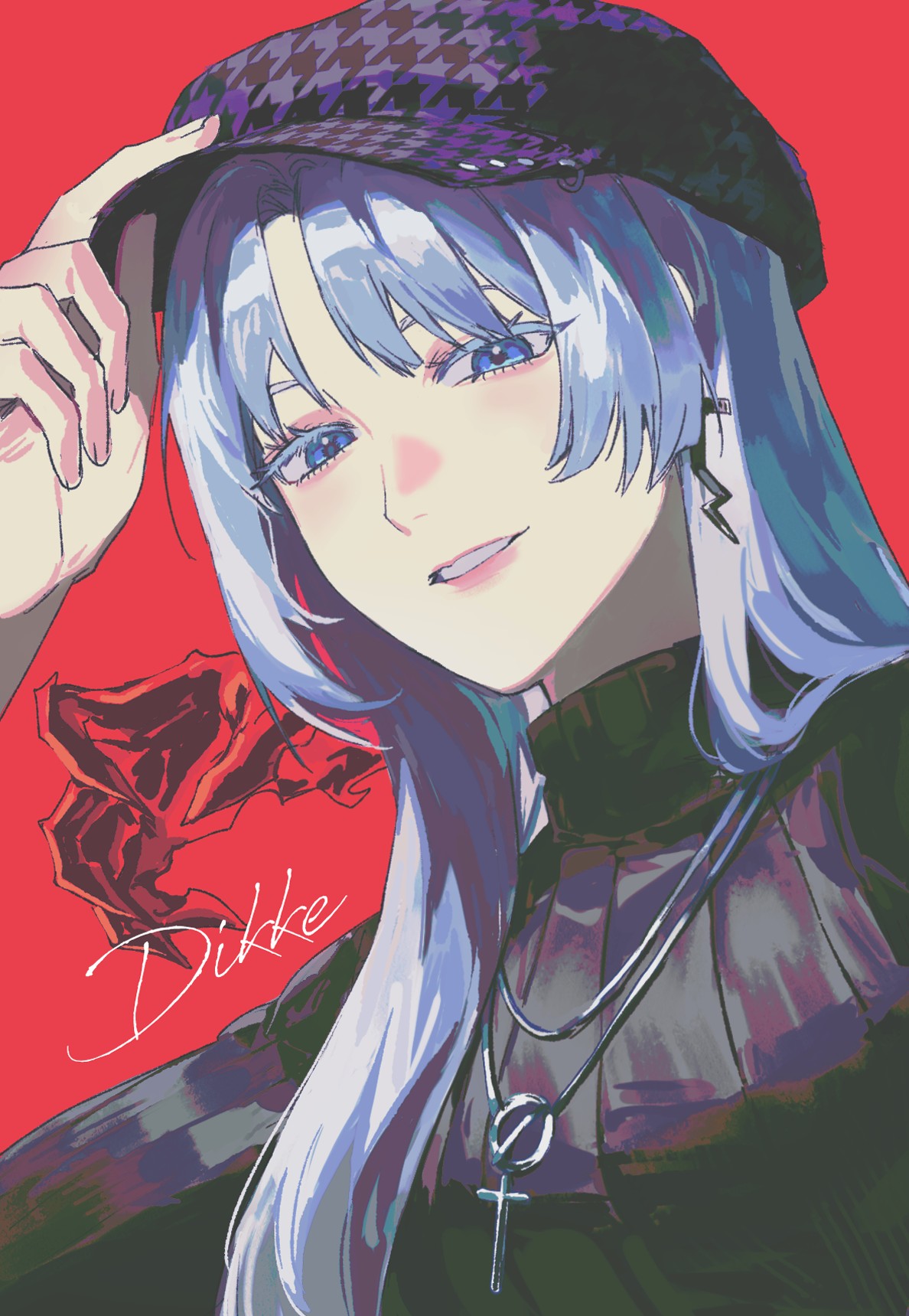1girl, adjusting_clothes, adjusting_headwear, black_sweater, blue_eyes, cabbie_hat, character_name, cross
