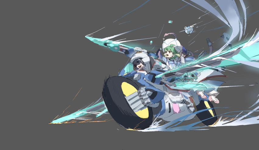 alternate_costume, blonde_hair, blue_hair, coat, d-wheel, green_hair, grey_background, helmet
