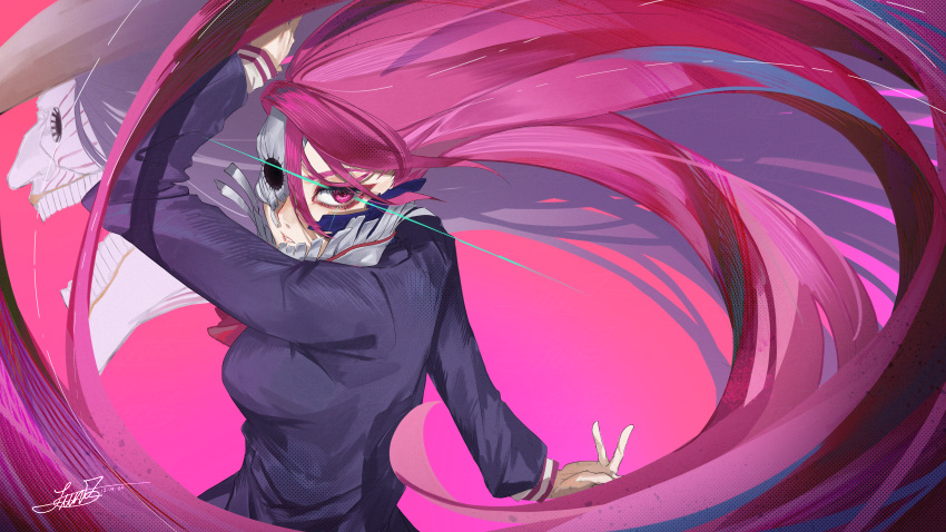 1girl, absurdres, acrobatic_silky_(dandadan), blazer, blue_jacket, dandadan, half_mask, highres