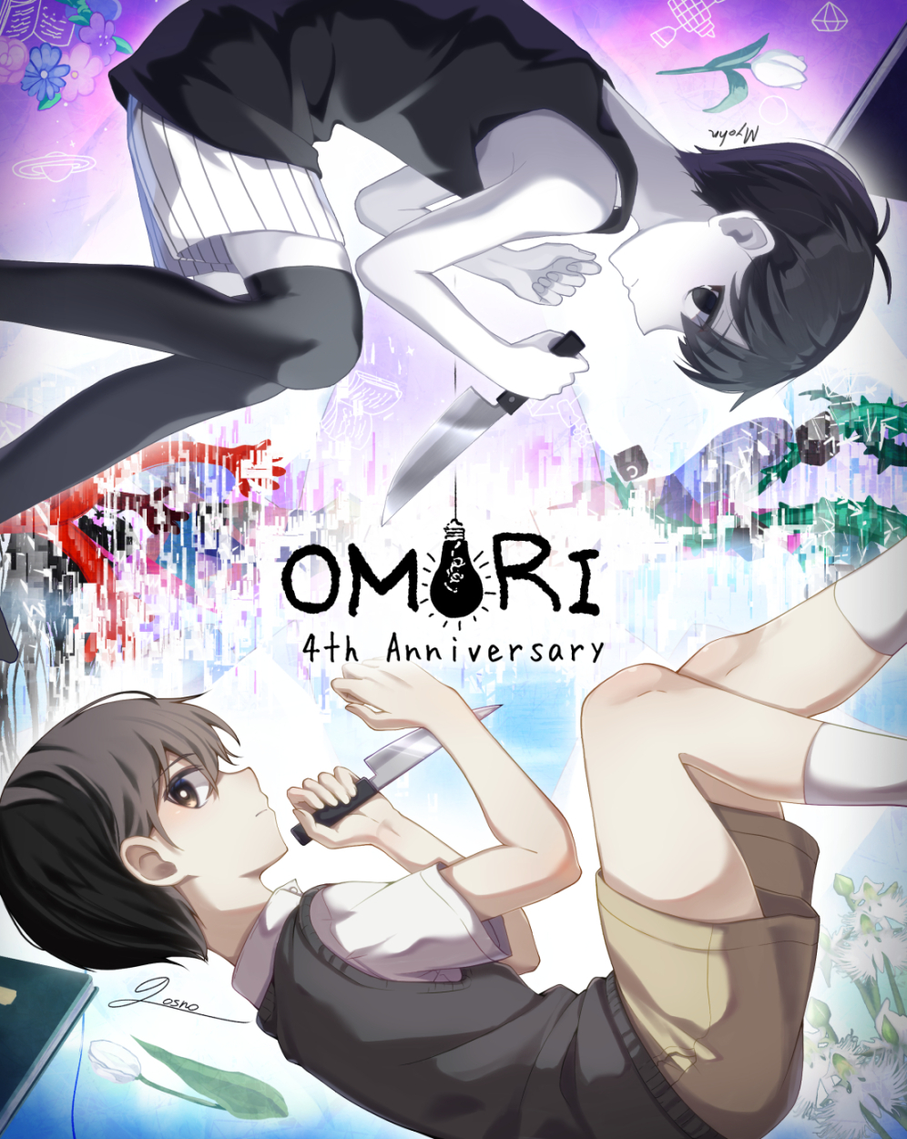 2boys, anniversary, antenna_hair, bare_arms, bare_shoulders, black_eyes, black_hair, black_socks