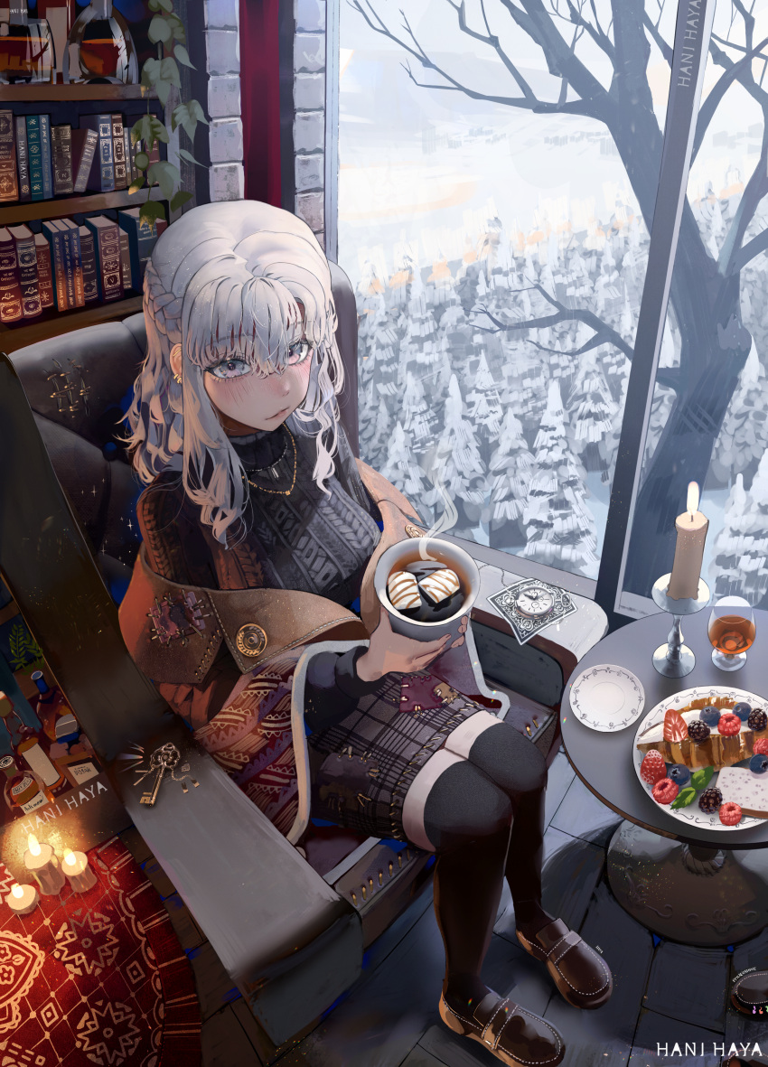 1girl, absurdres, braid, candle, christmas, cozy_coupe, hani_haya, highres
