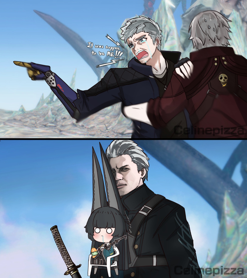 1girl, 3boys, absurdres, animal_ears, big_eared_miyabi_(meme), brothers, celinepizza, chibi