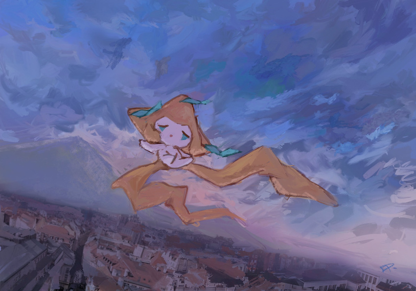 aomidori_iro, building, cityscape, flying, full_body, highres, jirachi, mountain