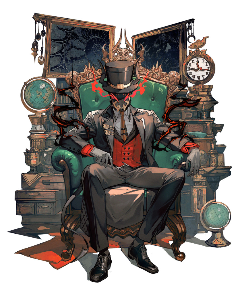 1boy, analog_clock, arm_rest, armchair, black_fire, black_hat, black_mask, brown_coat