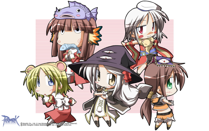 5girls, animal_around_neck, animal_ears, back_bow, black_eyes, black_hat, black_shorts, blonde_hair