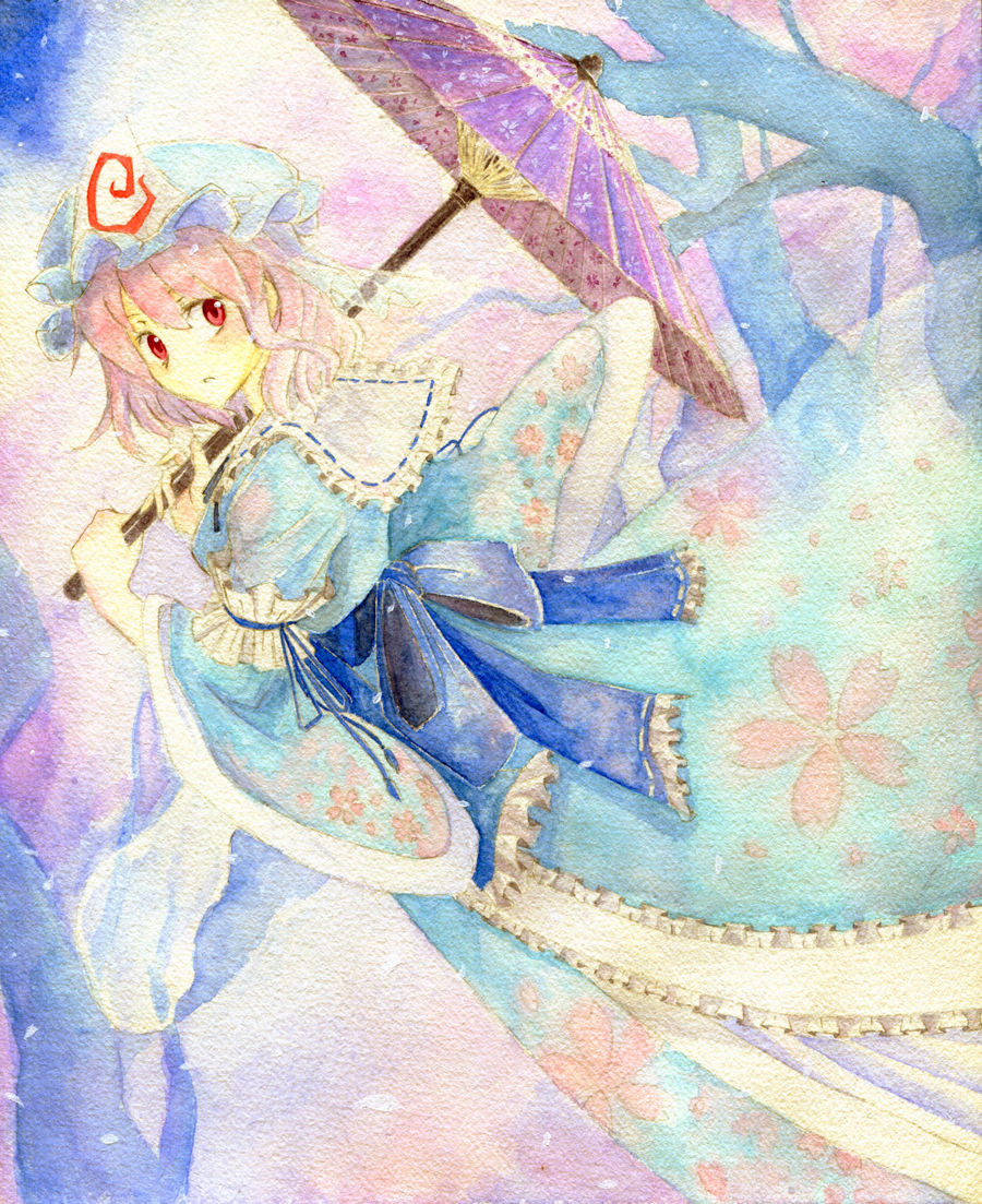 cherry_blossoms, ghost, hat, japanese_clothes, mononofu7, oriental_umbrella, pink_eyes, pink_hair