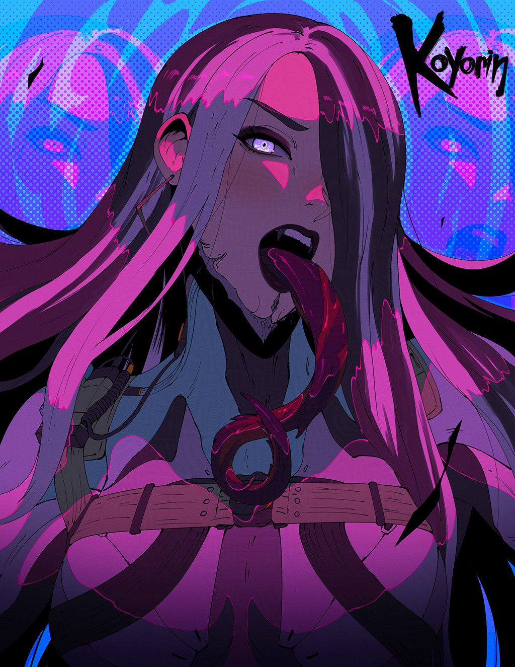 1girl, adversarial_noise, artist_name, black_hair, chest_harness, earrings, eleanor_nightingale_(warframe), fangs