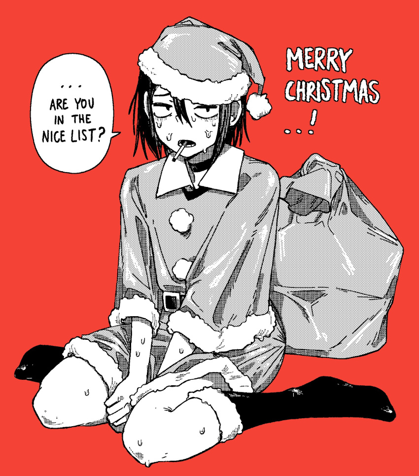 1girl, belt, black_hair, blupixl, boots, choker, christmas, cigarette, commentary, constricted_pupils, dress, english_commentary, english_text, full_body, fur-trimmed_boots, fur-trimmed_dress, fur_trim, greyscale_with_colored_background, hat, highres, merry_christmas, nicole_(blupixl), open_mouth, original, pom_pom_(clothes), red_background, sack, santa_costume, santa_hat, short_hair, sitting, solo, sweat, very_sweaty, wariza