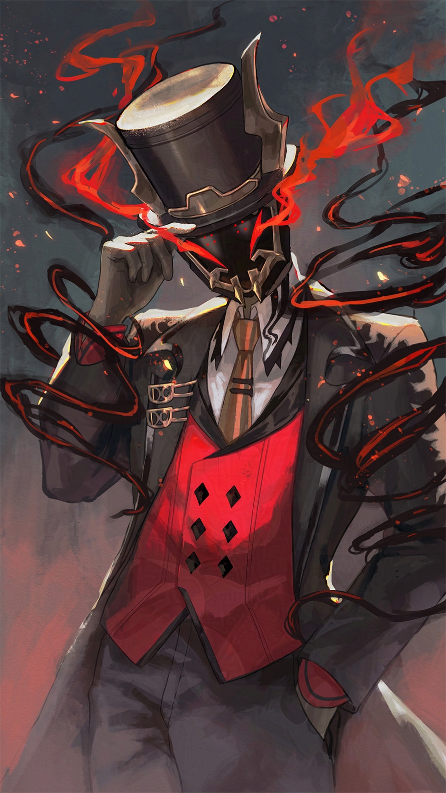 1boy, adjusting_clothes, adjusting_headwear, black_fire, black_mask, brown_coat, brown_necktie, buttons