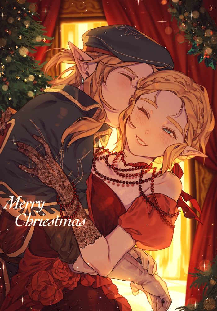 1boy, 1girl, alternate_costume, bare_shoulders, blonde_hair, christmas, christmas_tree, couple