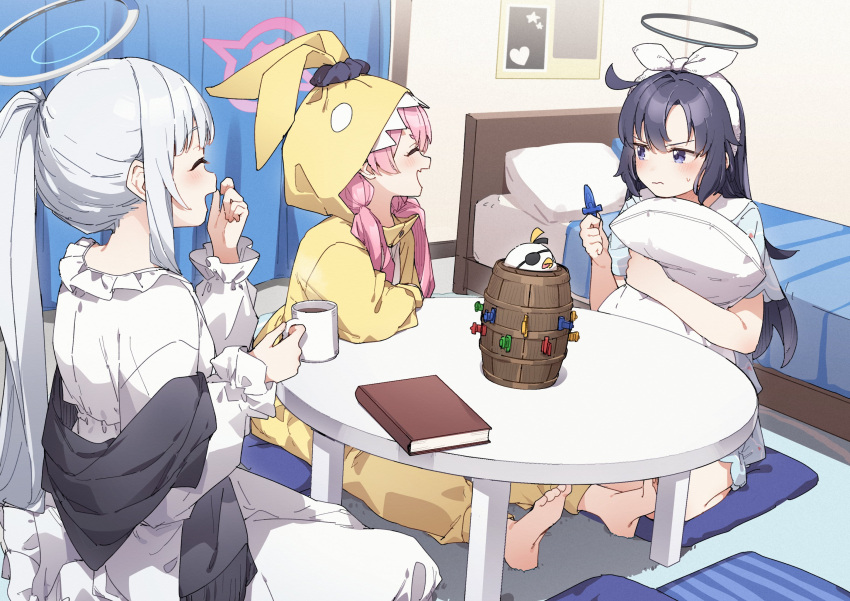 3girls, :d, ^_^, animal_ears, animal_hood, barefoot, bed, black_hair
