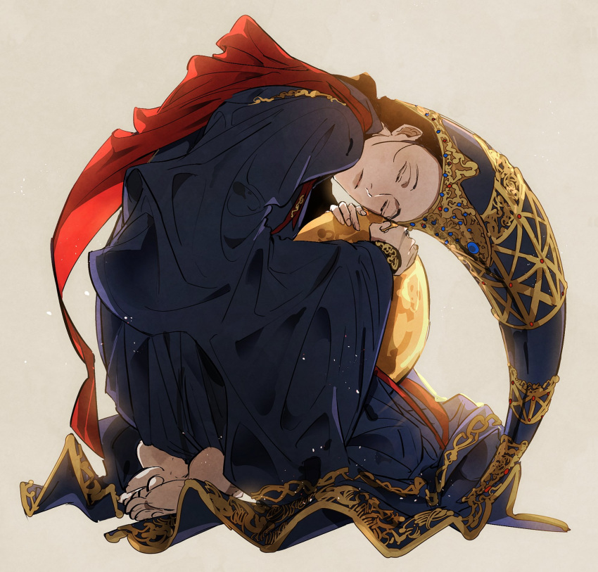 1girl, 6cheetah, amber_(gemstone), barefoot, black_hair, blue_gemstone, closed_eyes, conical_hat